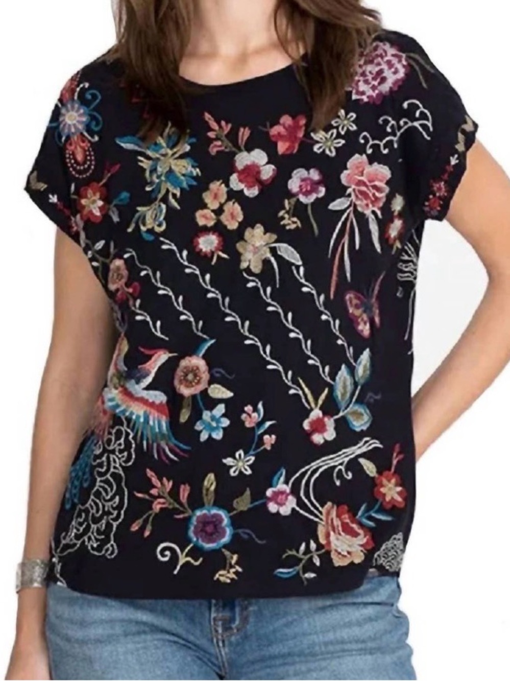 Johnny Was Dreamer Embroidered Floral Bird Black Tee